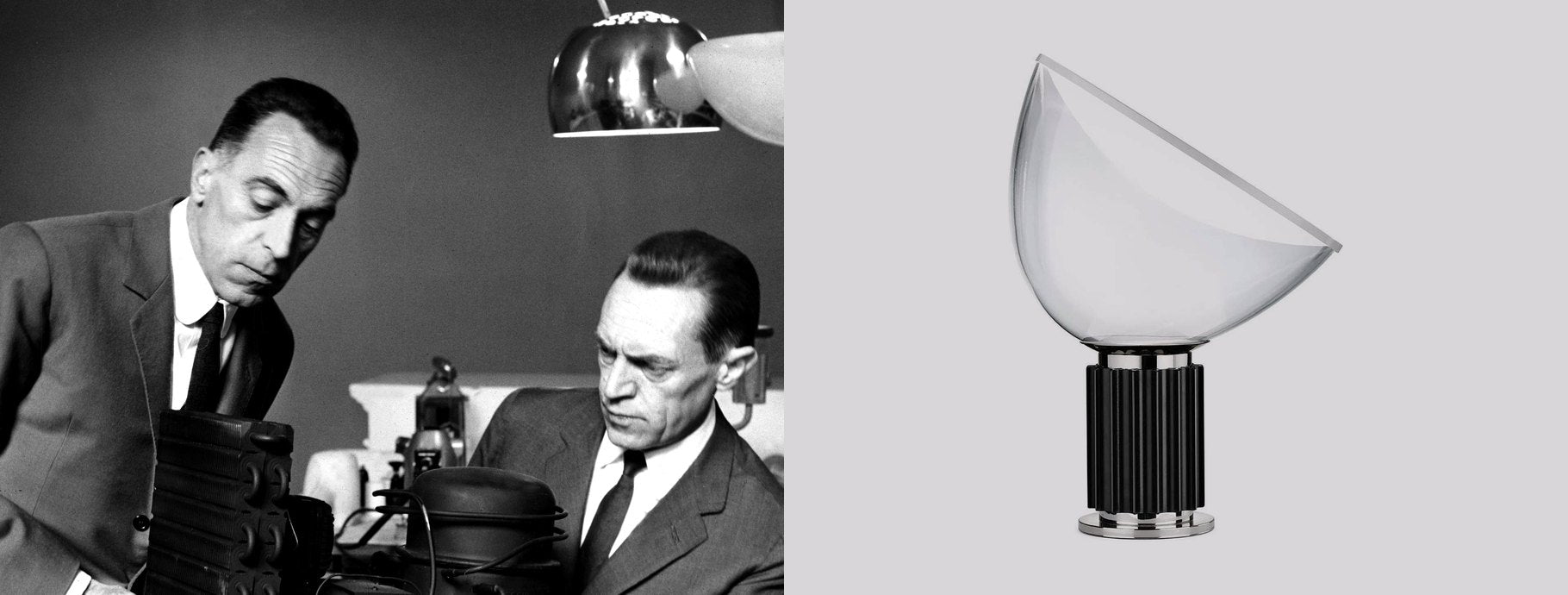 Designers Achille & Pier Giacomo Castiglioni beside the Taccia Table Lamp | Casa Di Luce