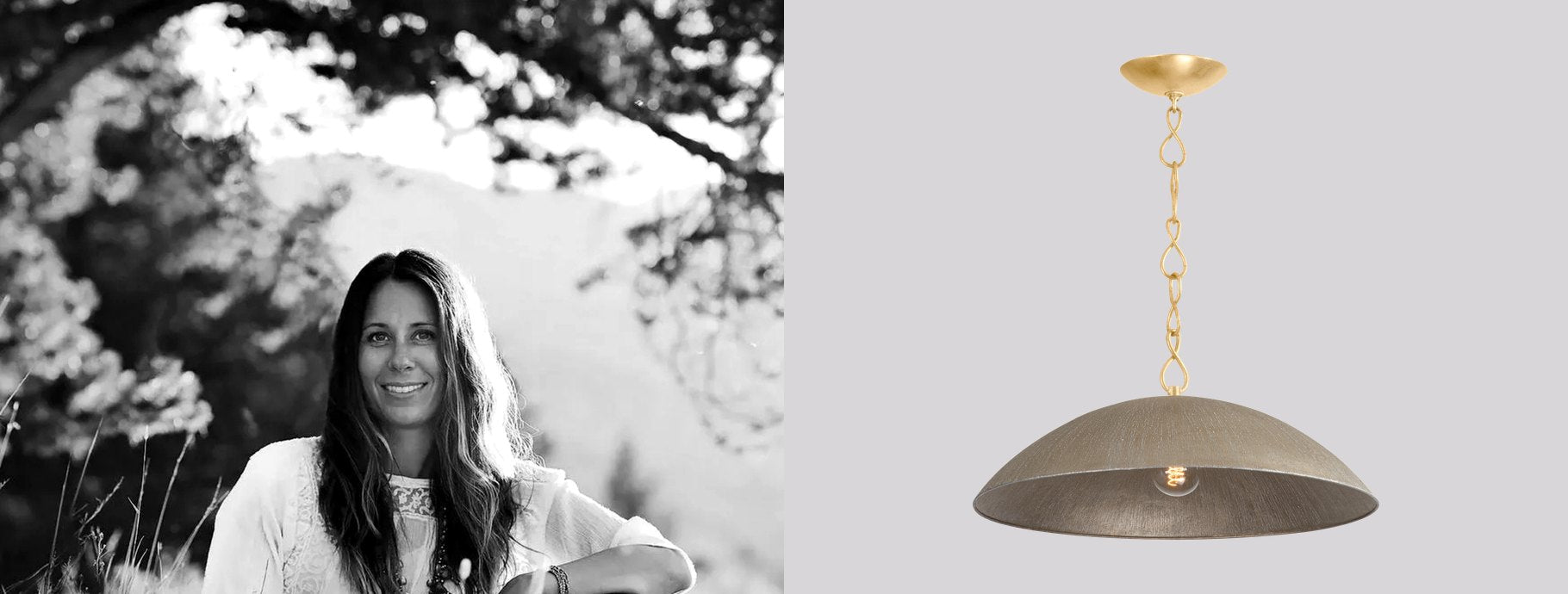 Designer Becki Owens beside the Eve Pendant | Casa Di Luce