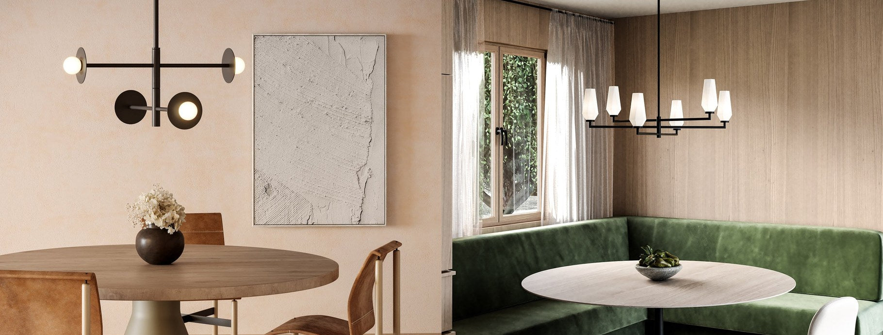 Black chandeliers over a bright round table and a dark green dining nook | Casa Di Luce