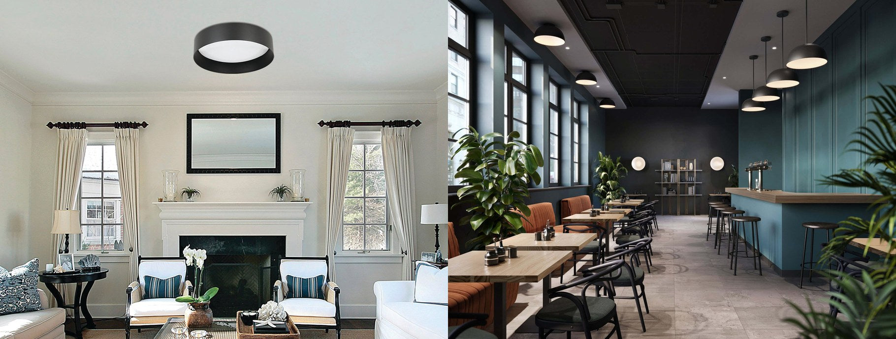 Black flush mount lights in a bright living room and a dark restaurant | Casa Di Luce
