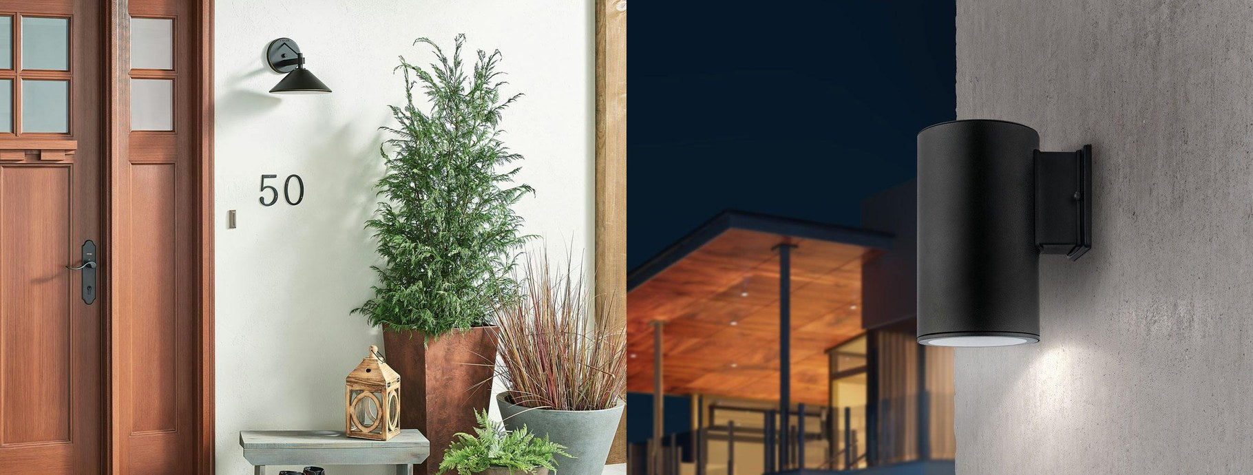 Black outdoor wall lights beside a front door and on a concrete wall at dusk | Casa Di Luce