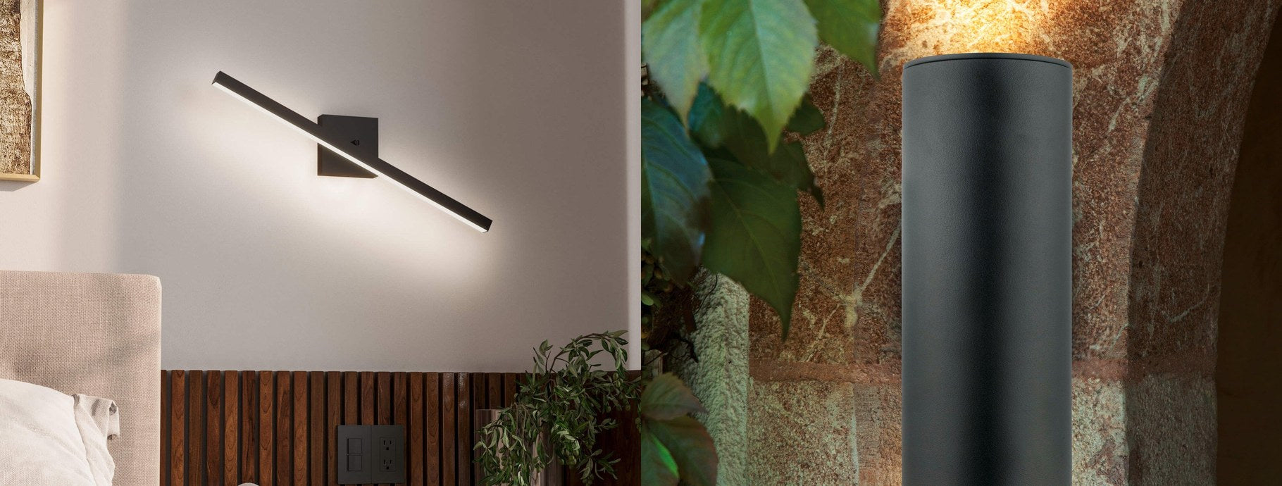 Black wall sconces above a bed and on a stone wall | Casa Di Luce