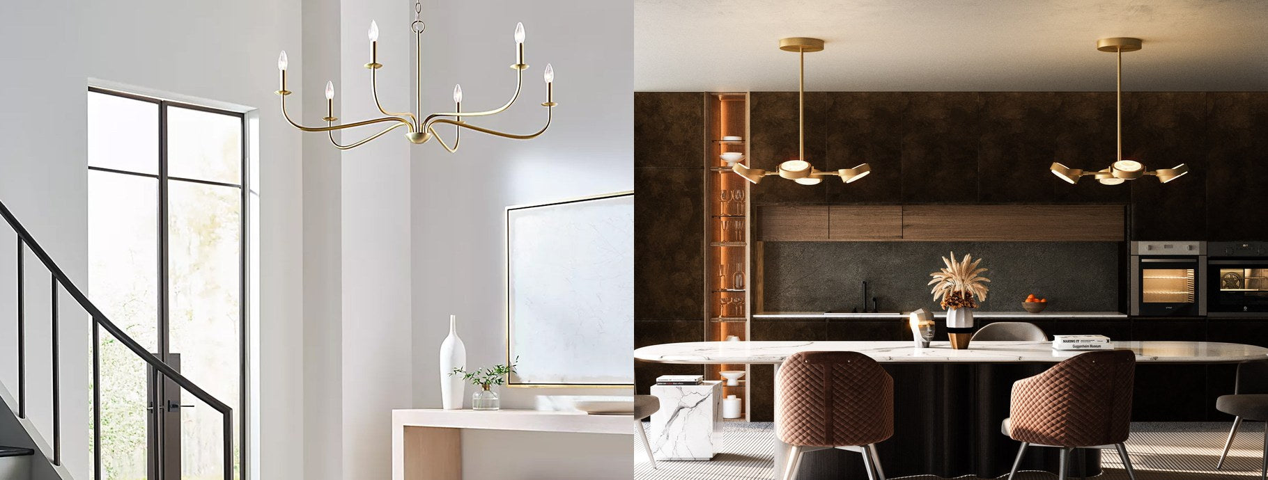 Brass chandeliers beside a staircase and over a dark kitchen table | Casa Di Luce
