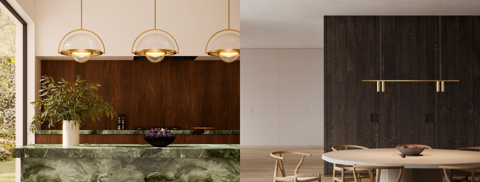 Brass pendant lights over a kitchen island and a round dining table | Casa Di Luce