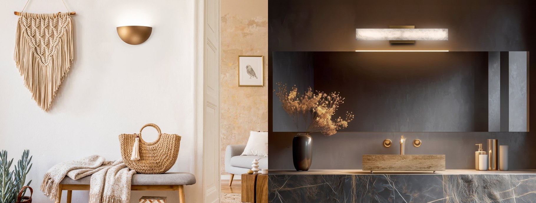 Brass wall sconces in a bright entryway and above a dark stone vanity | Casa Di Luce