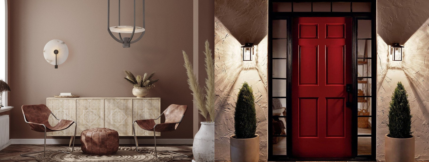 Bronze wall sconces in a warm living room and beside a red front door | Casa Di Luce