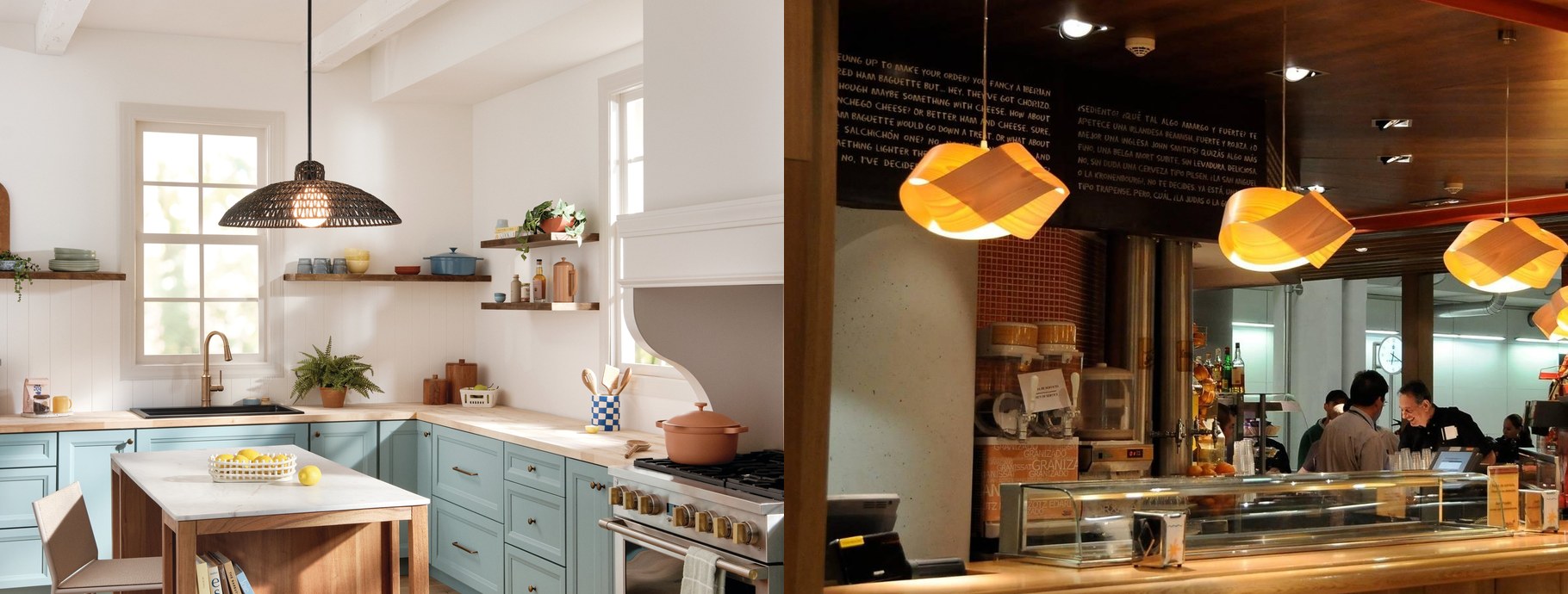 Coastal woven pendant over a bright kitchen and wood pendants in a warm restaurant | Casa Di Luce