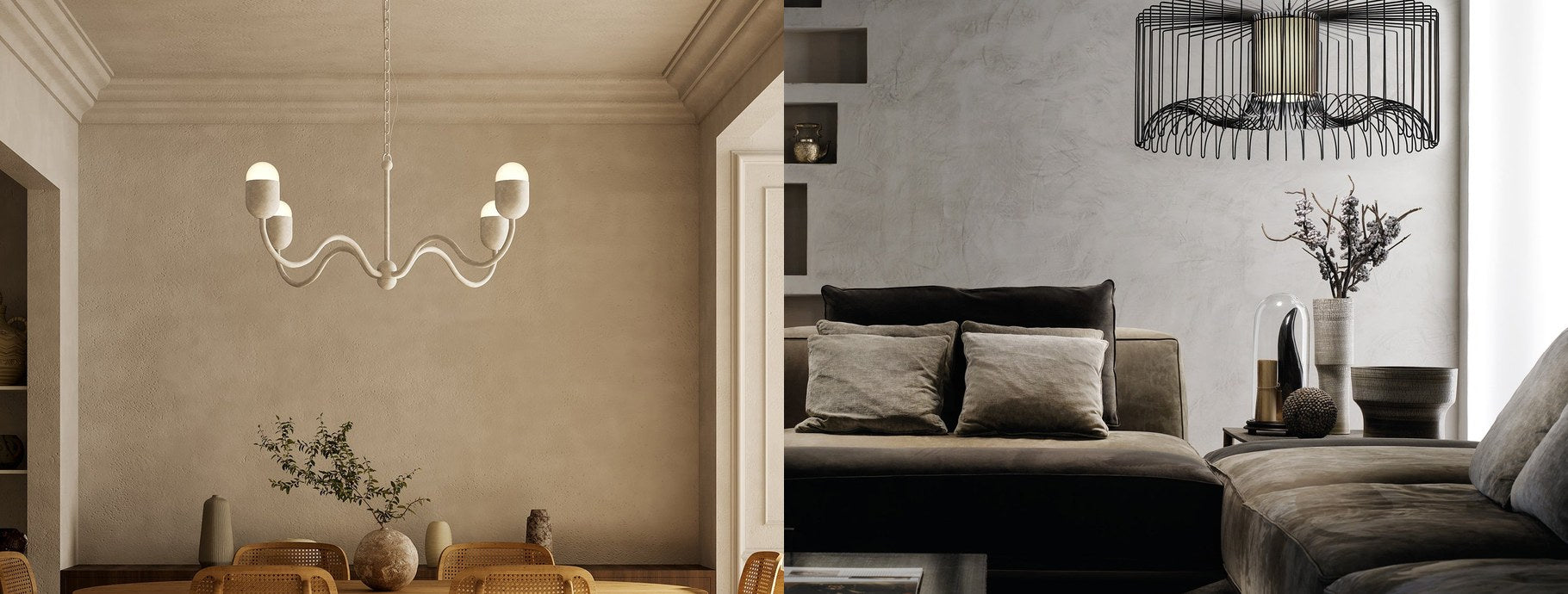 Contemporary chandeliers in a bright dining room and a dark living room | Casa Di Luce