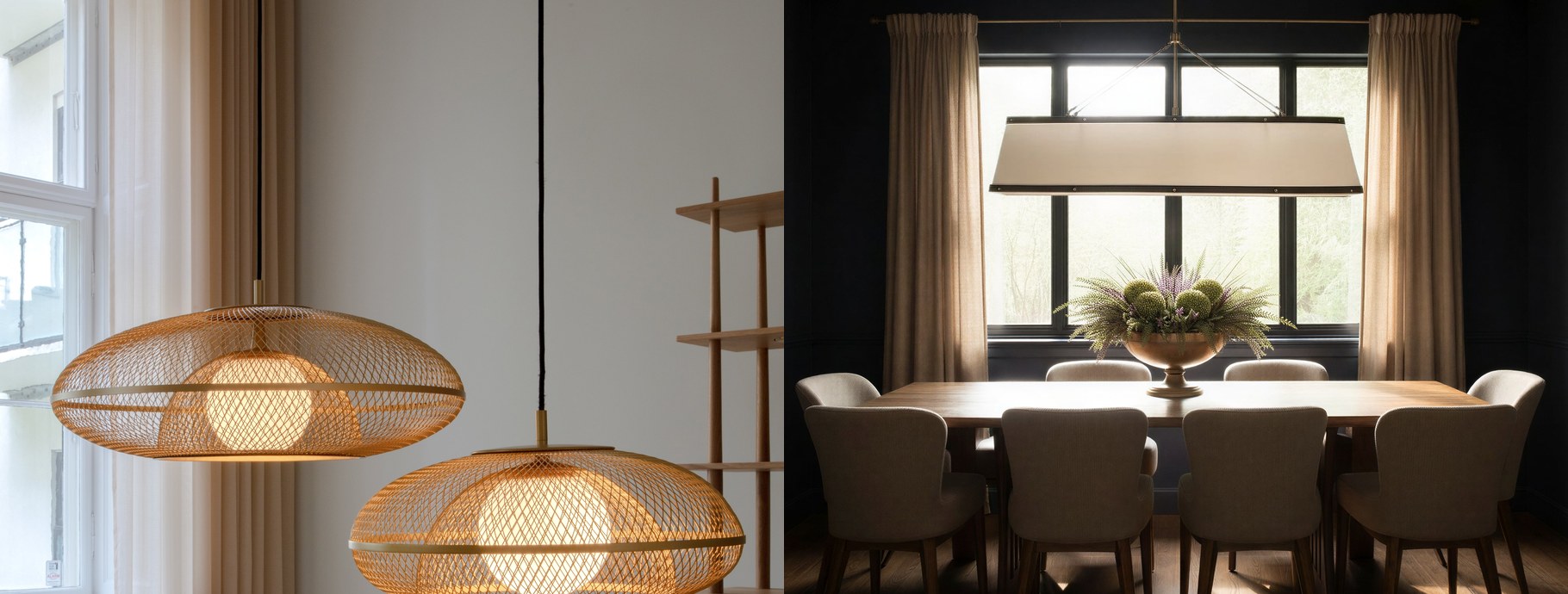 Contemporary woven pendant lights in a bright room and a shaded pendant over a dark dining table | Casa Di Luce