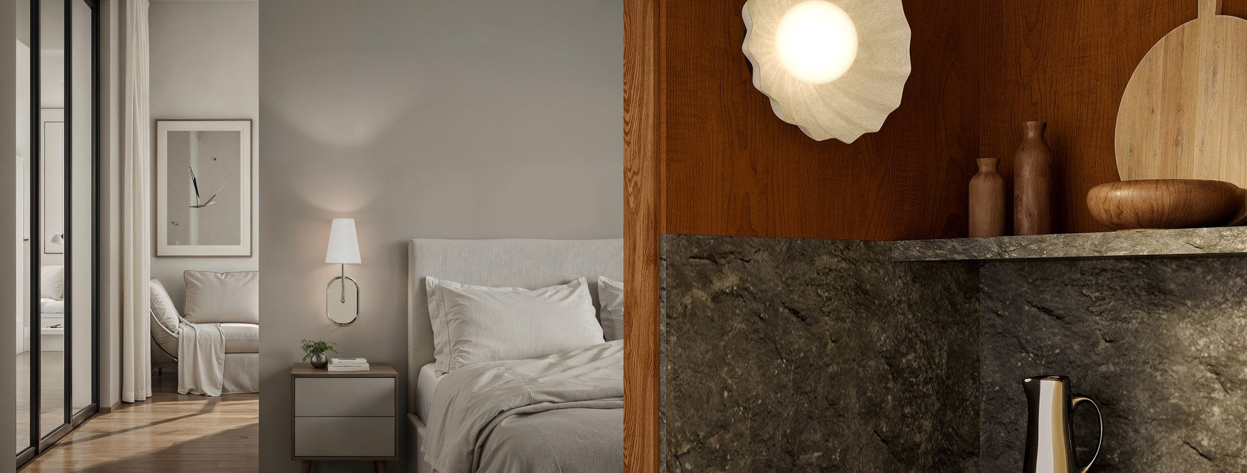 Contemporary wall sconces beside a bed and in a warm stone kitchen | Casa Di Luce