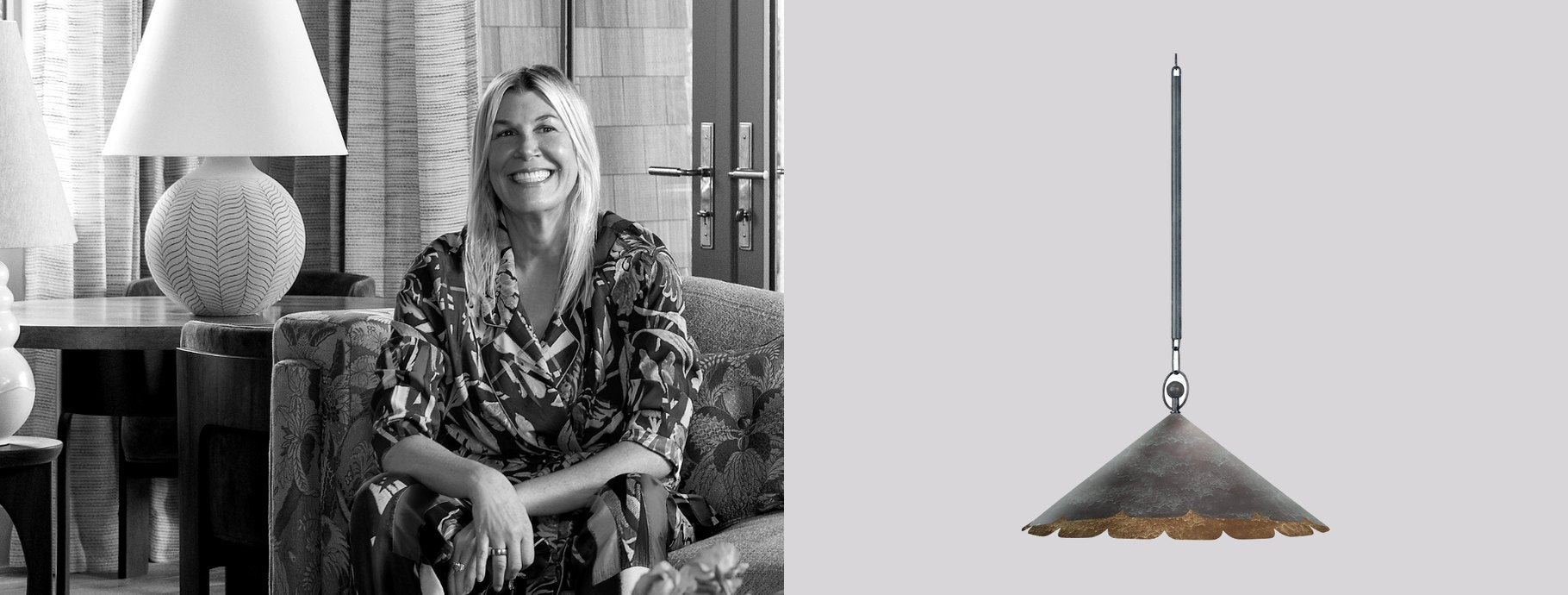 Designer Cortney Bishop beside the Folly Beach Pendant | Casa Di Luce