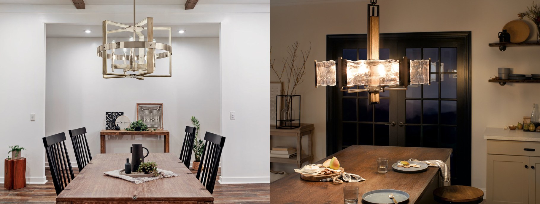 Farmhouse chandeliers over a beamed dining room and a rustic kitchen table | Casa Di Luce