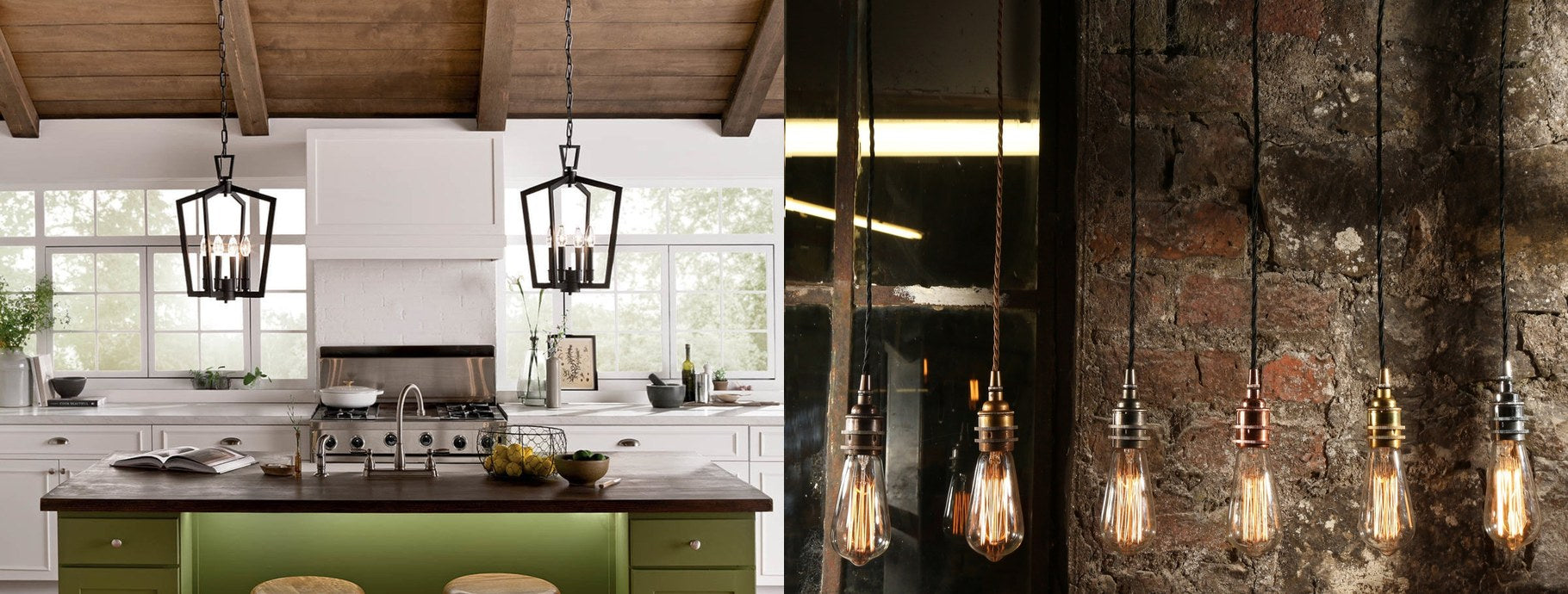 Farmhouse lantern pendants over a green kitchen island and Edison pendants on stone | Casa Di Luce