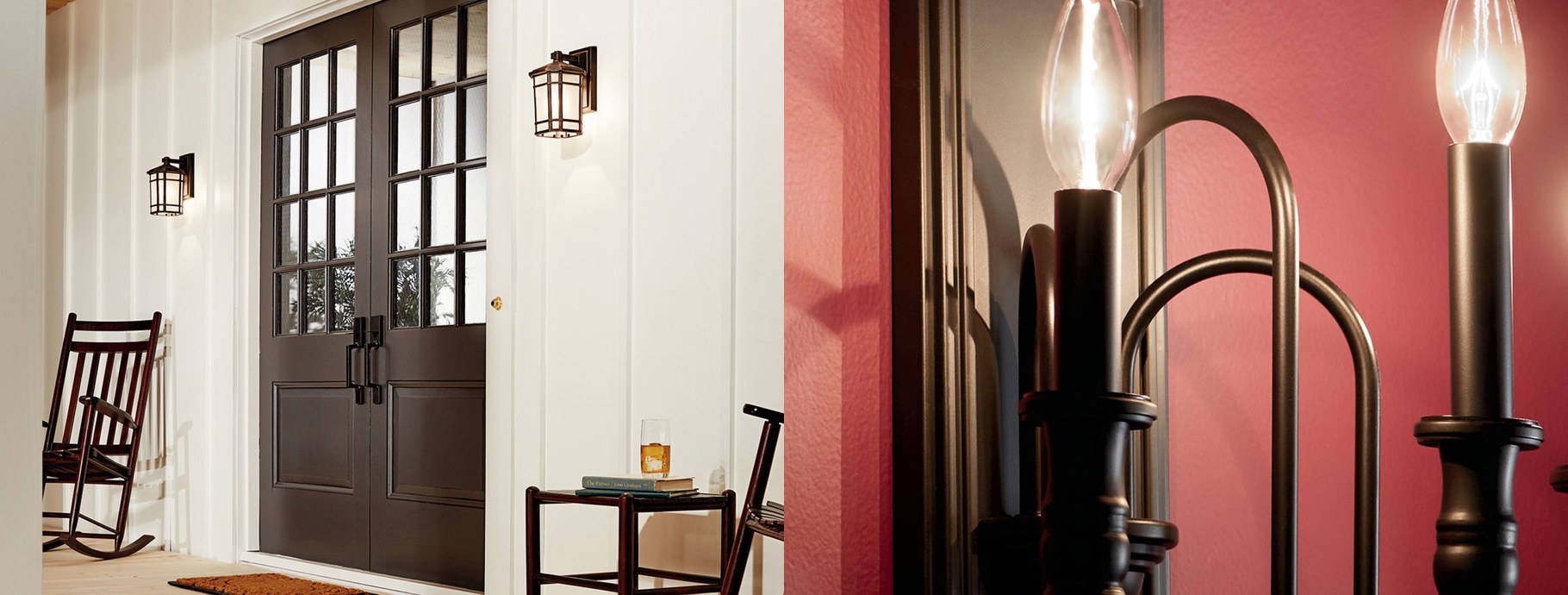 Farmhouse wall sconces beside a porch door and candle sconces on a red wall | Casa Di Luce