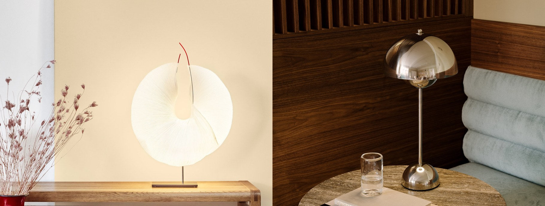 Floral table lamp on a cream console and a mushroom lamp in a cosy nook | Casa Di Luce
