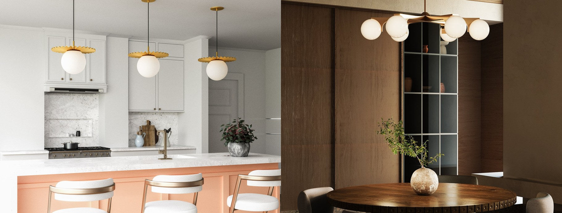 Gold pendant lights over a kitchen island and a round dining table | Casa Di Luce