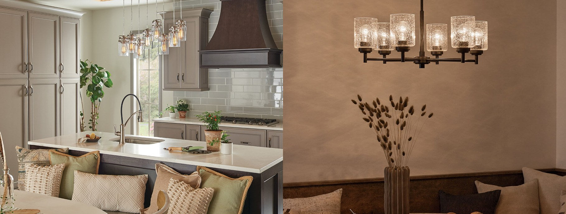 Industrial chandeliers over a bright kitchen island and a dark dining banquette | Casa Di Luce