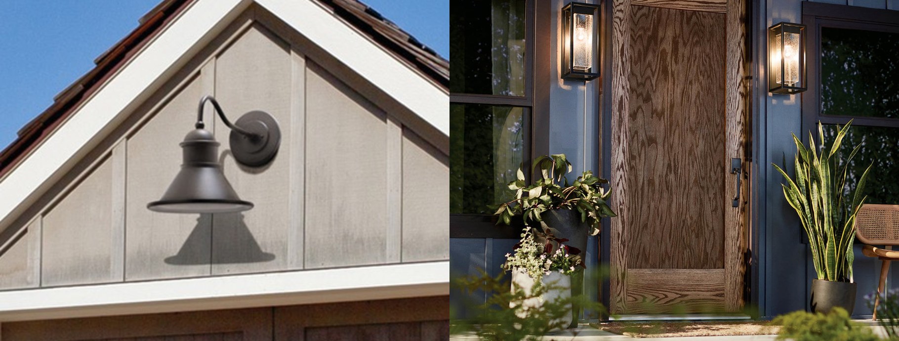 Industrial barn light sconce on a gable and outdoor wall lights at dusk | Casa Di Luce