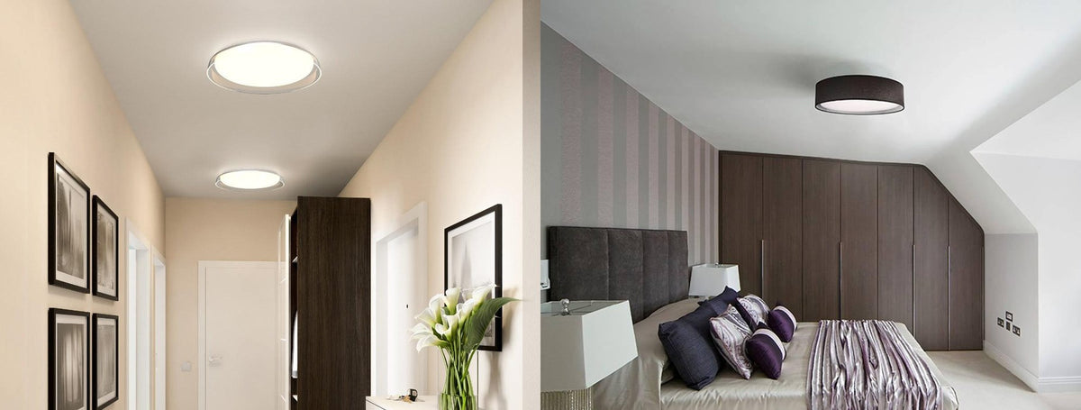 Kuzco flush mount ceiling lights in a hallway and a bedroom | Casa Di Luce