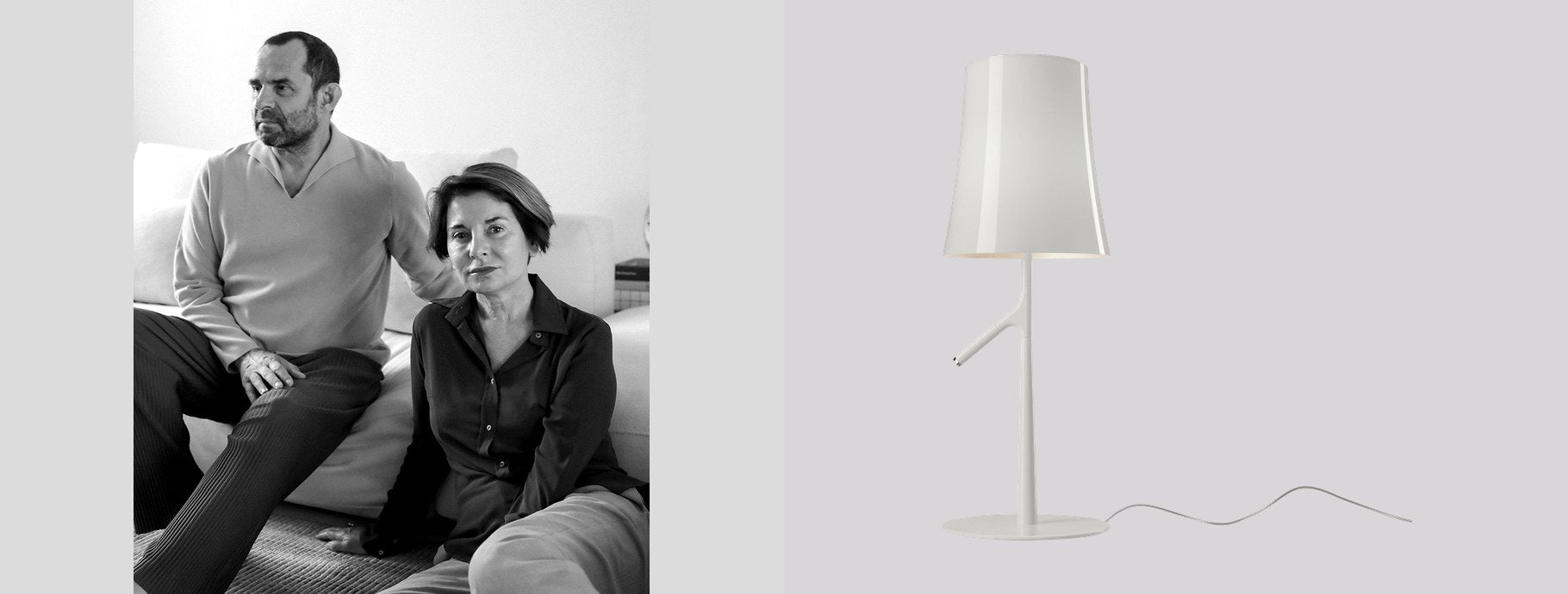 Designers Ludovica + Roberto Palomba beside the Birdie Table Lamp | Casa Di Luce