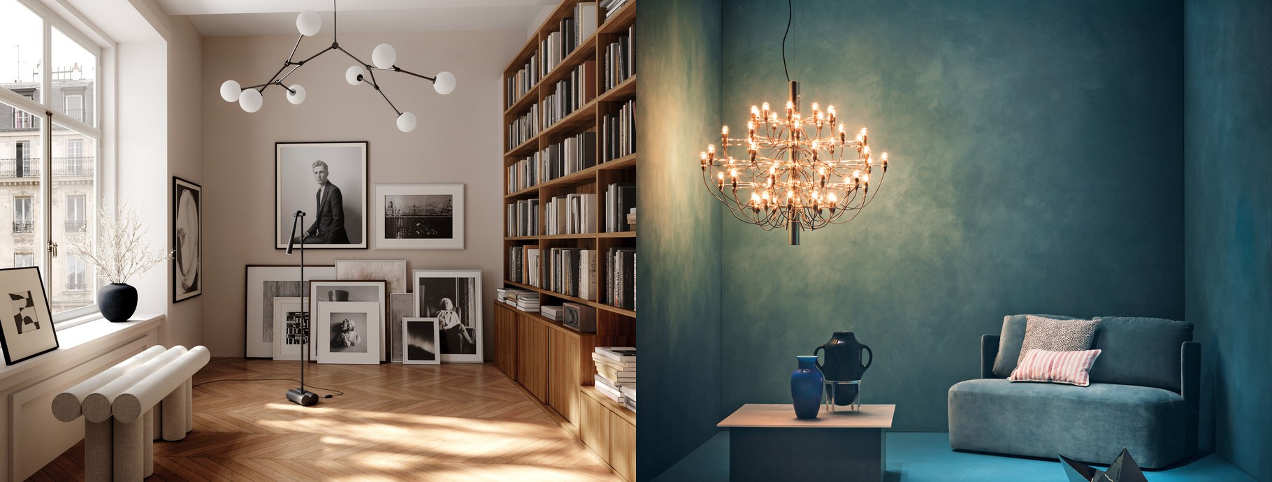 Mid-century modern chandeliers in a bright library and a teal living room | Casa Di Luce