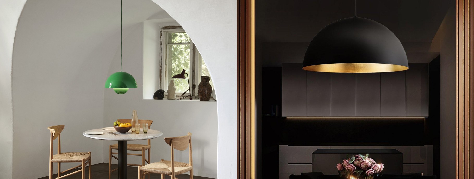 Mid-century modern pendant lights over a round table and in a dark living room | Casa Di Luce