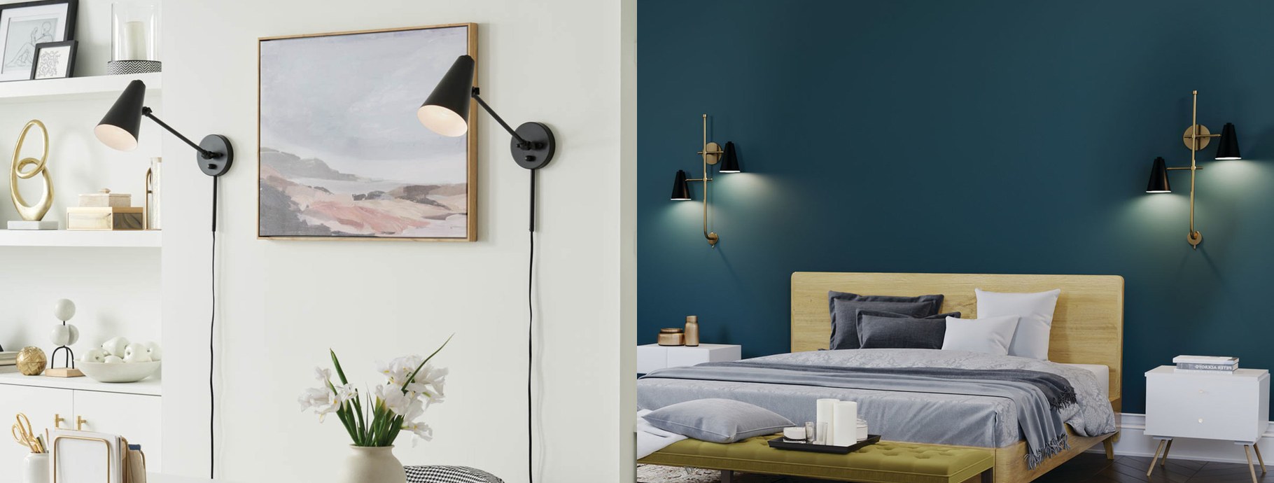 Mid-century modern swing-arm sconces by bright shelves and in a dark teal bedroom | Casa Di Luce