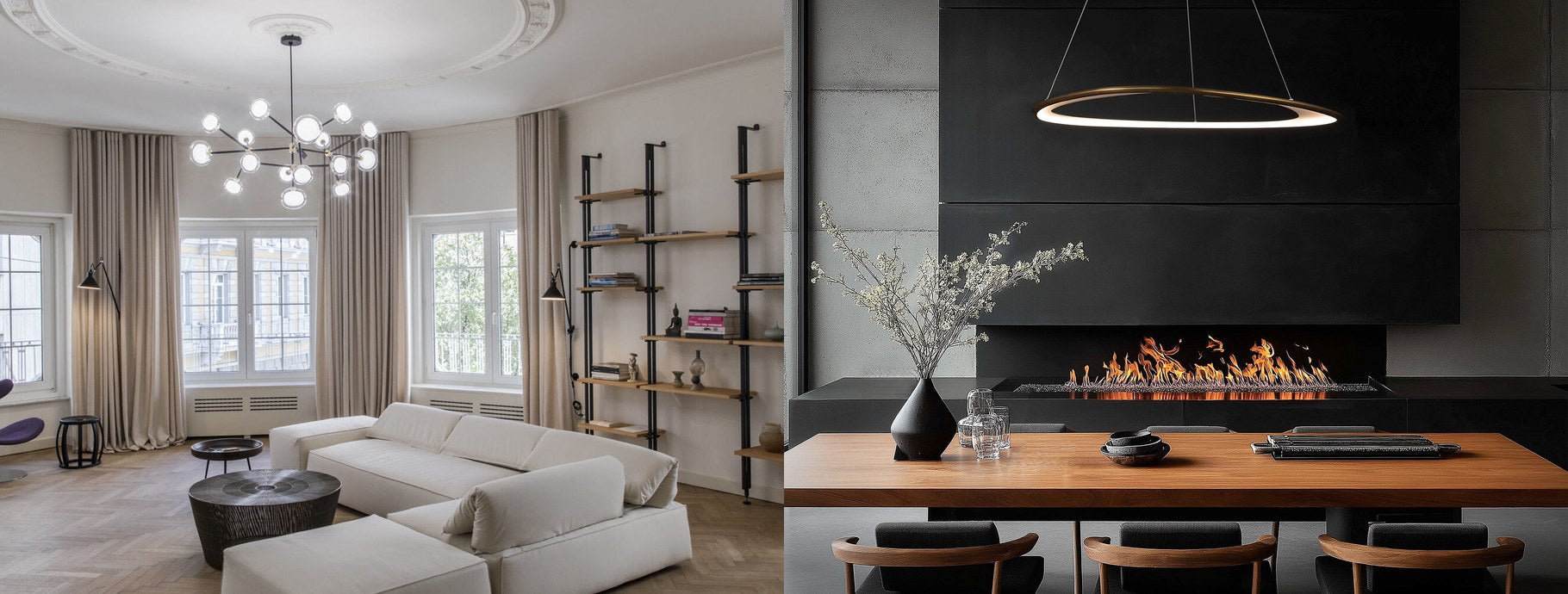 Modern chandeliers in a bright living room and over a dark dining table | Casa Di Luce
