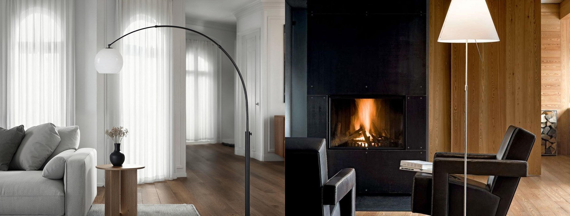 Modern floor lamps beside a sofa and a reading chair by the fireplace | Casa Di Luce