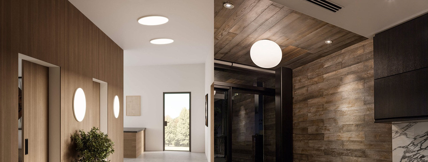 Modern flush mount lights in a bright hallway and a wood-panelled entry | Casa Di Luce
