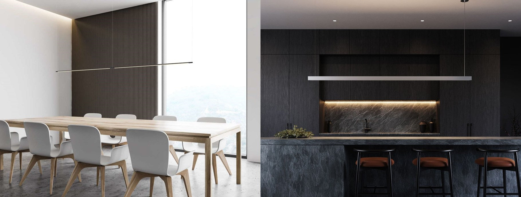 Modern linear suspension lights over a dining table and a dark kitchen island | Casa Di Luce
