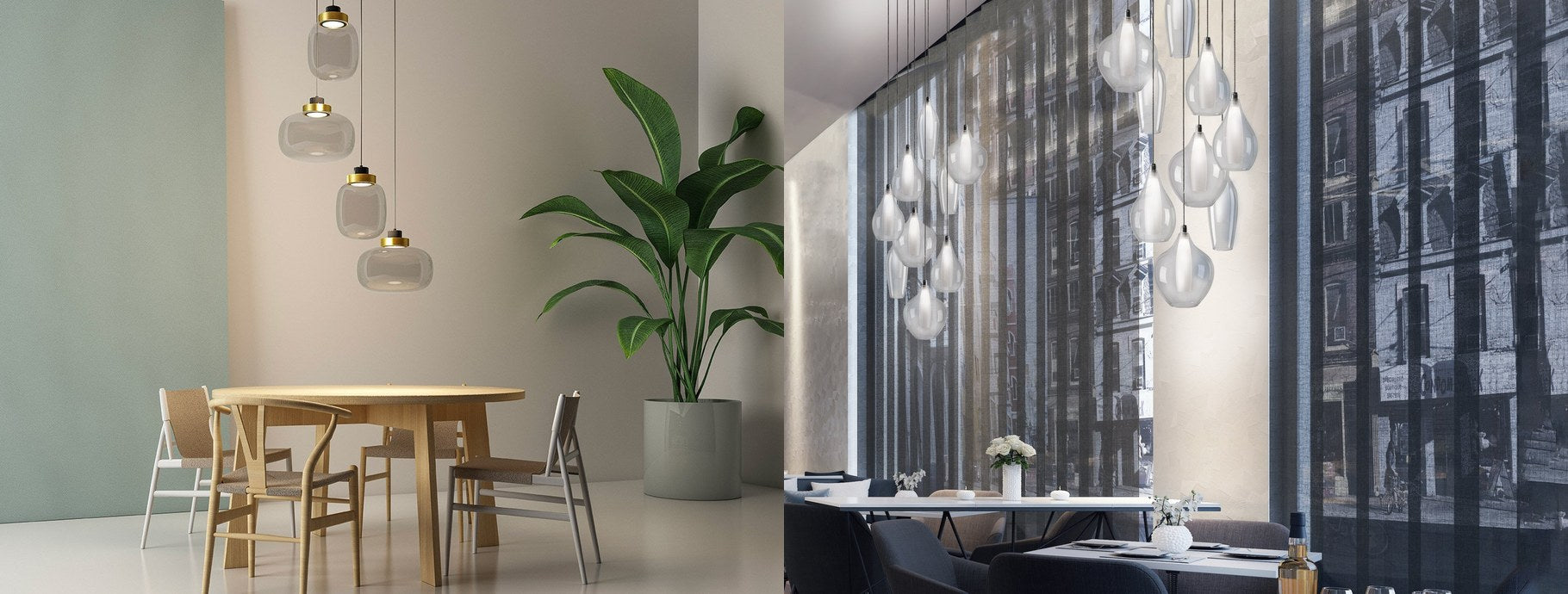 Modern multi-light pendants over a round dining table and in a dark restaurant | Casa Di Luce