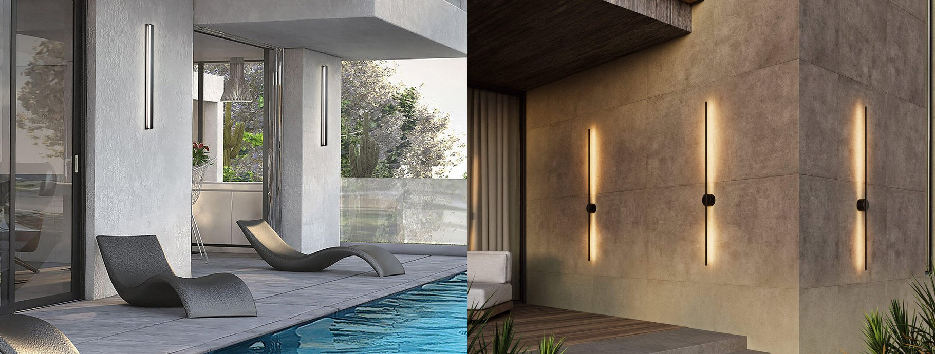 Modern outdoor wall lights on a poolside terrace and a covered patio | Casa Di Luce