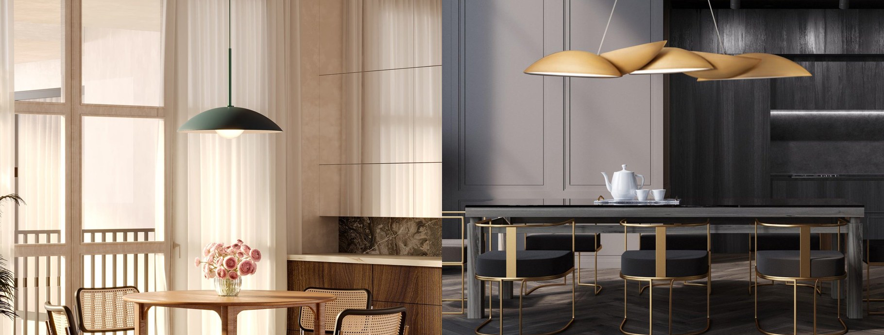 Modern pendant lights over a bright dining table and a dark dining room | Casa Di Luce