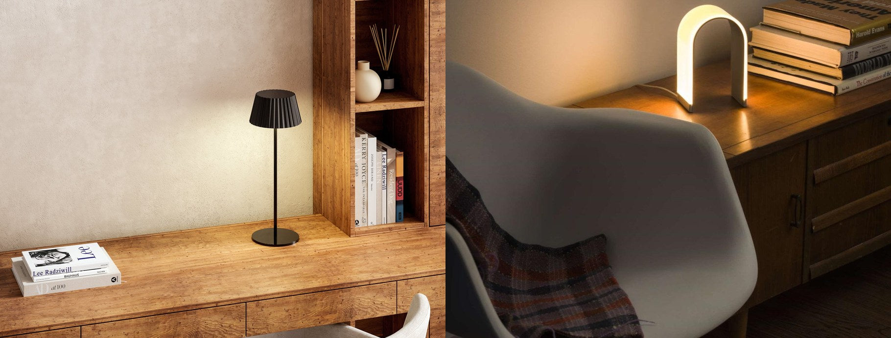 Modern table lamps on a wood desk and a dark sideboard | Casa Di Luce
