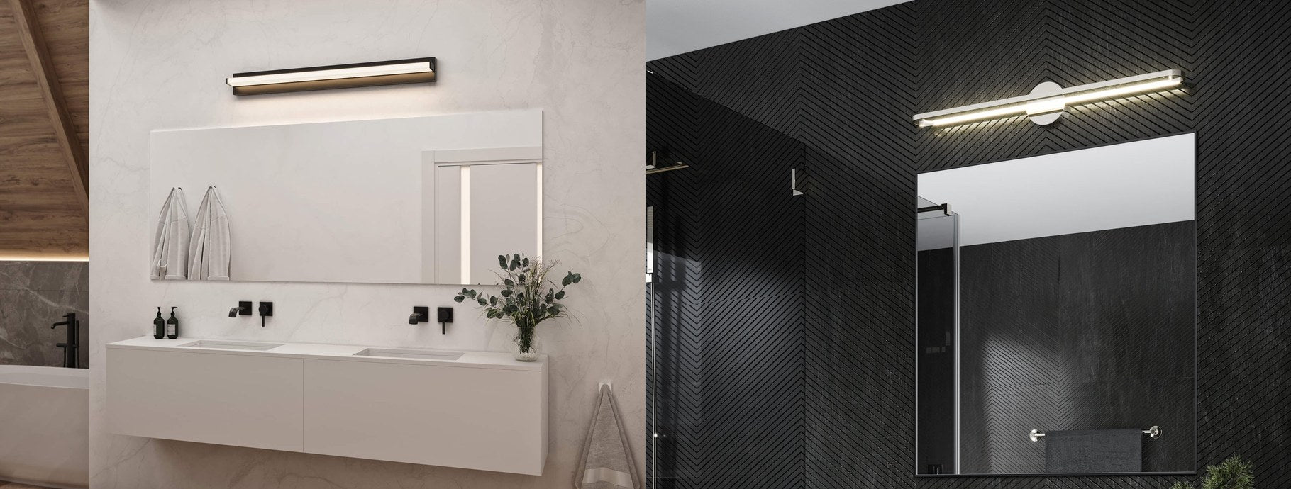 Modern vanity lights above bathroom mirrors in a bright and a dark bathroom | Casa Di Luce