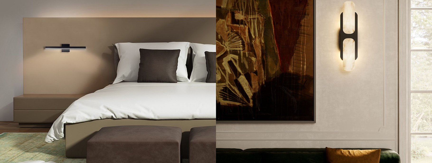 Modern wall sconces above a bed and beside wall art | Casa Di Luce