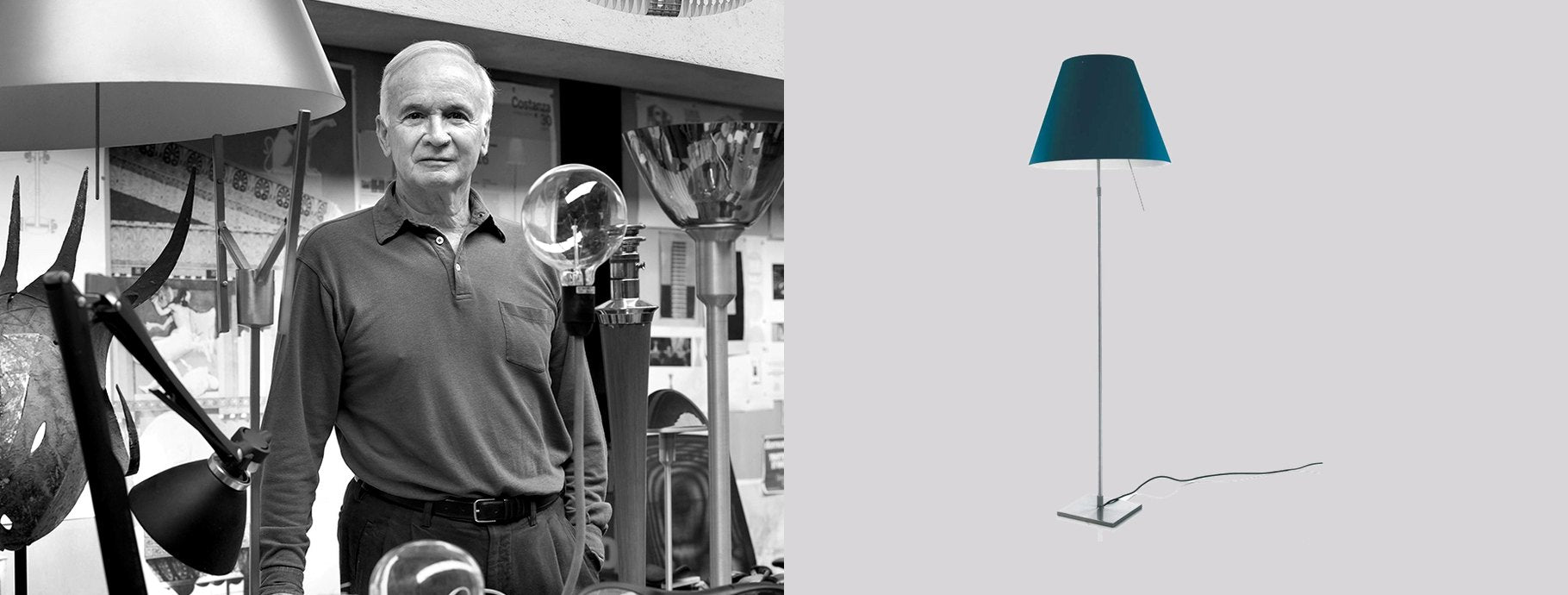 Designer Paolo Rizzatto beside the Costanza Floor Lamp | Casa Di Luce