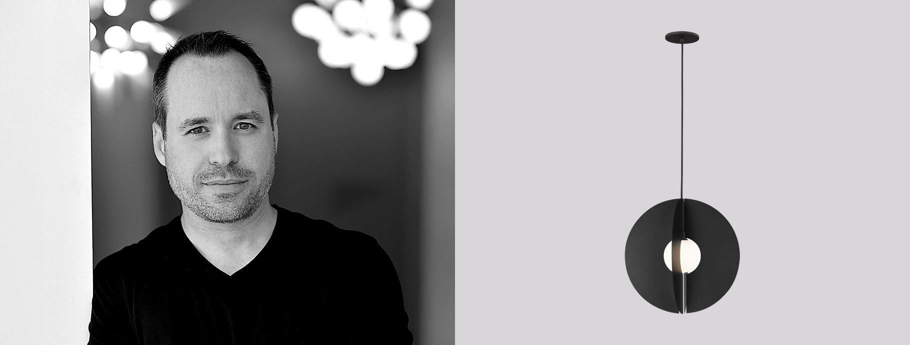 Designer Sean Lavin beside the Orbel Round Pendant | Casa Di Luce