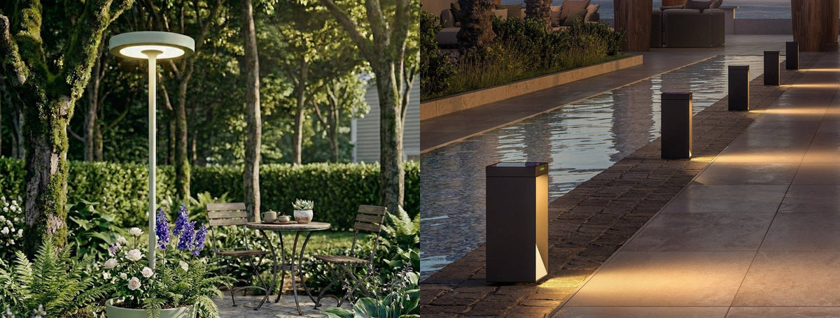 Solar portable floor lamp in a garden planter beside a bistro table and solar bollards lining a poolside walkway at dusk | Casa Di Luce