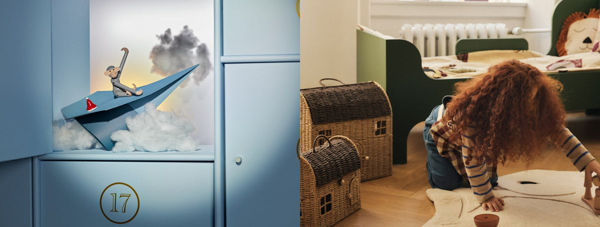 Wooden monkey figurine on a paper plane and a child playing in a kids room with rattan storage houses | Casa Di Luce