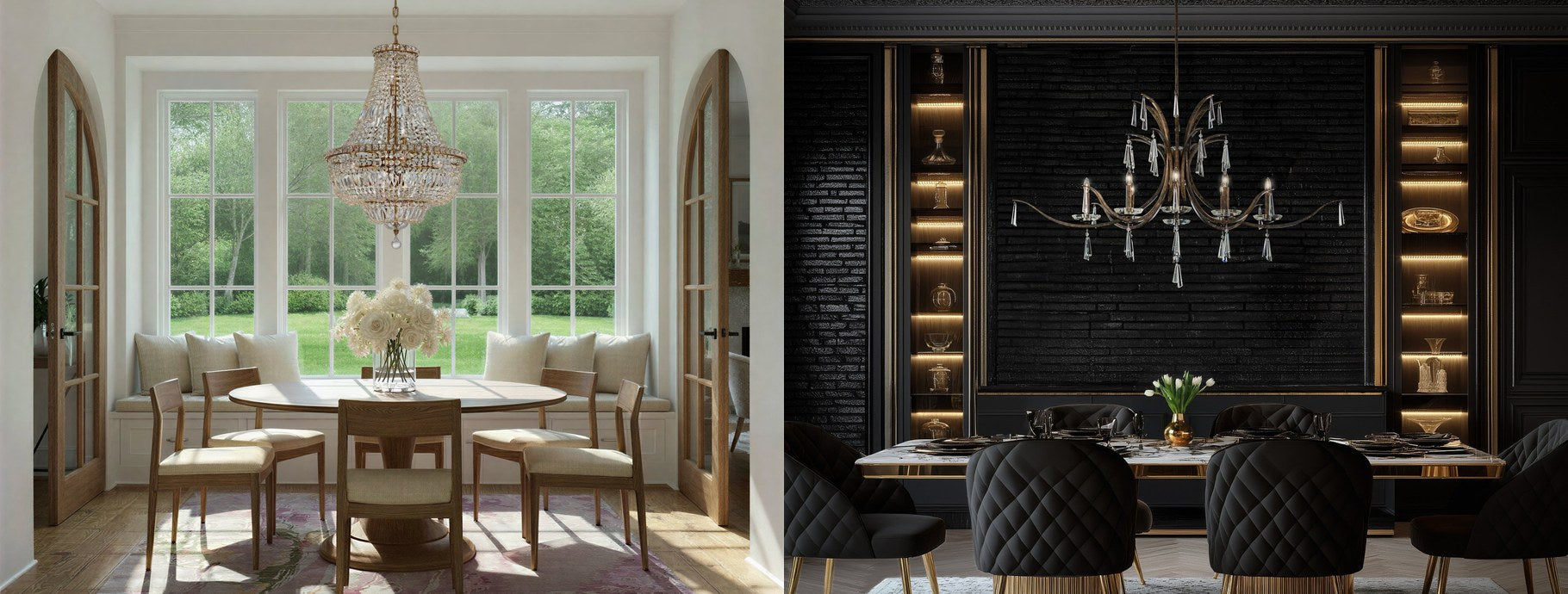 Traditional crystal chandeliers over a bright breakfast nook and a dark dining room | Casa Di Luce