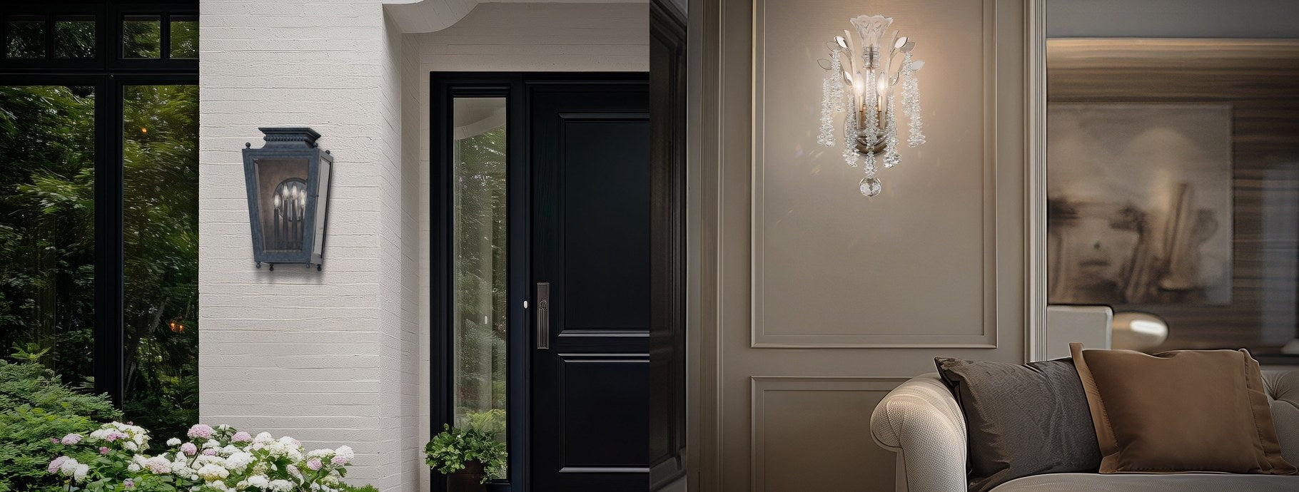 Traditional wall sconces beside a front door and in a panelled living room | Casa Di Luce