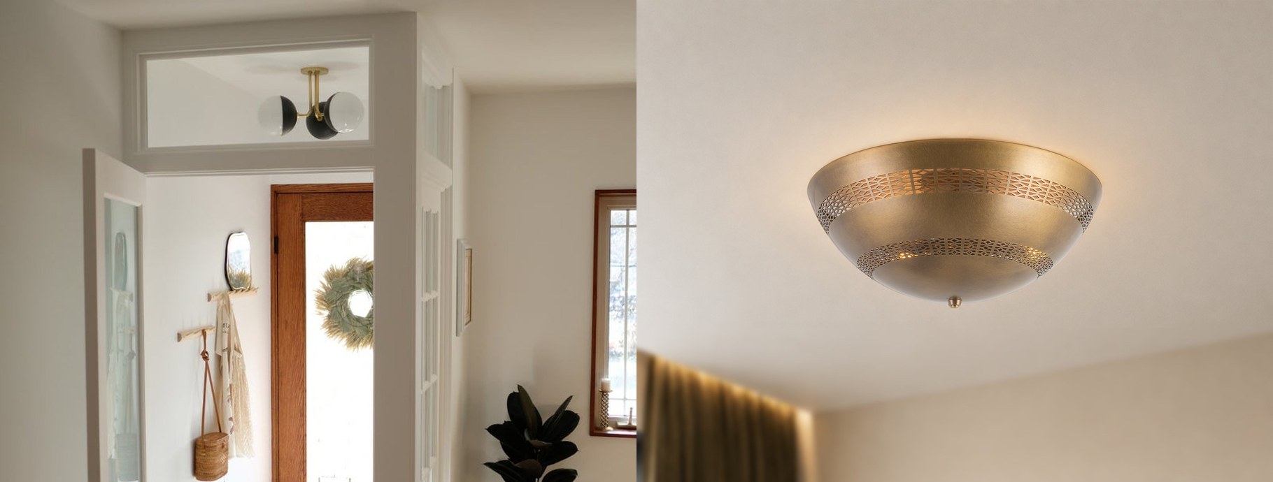 Transitional flush mount lights in a bright entryway and a warm bedroom | Casa Di Luce