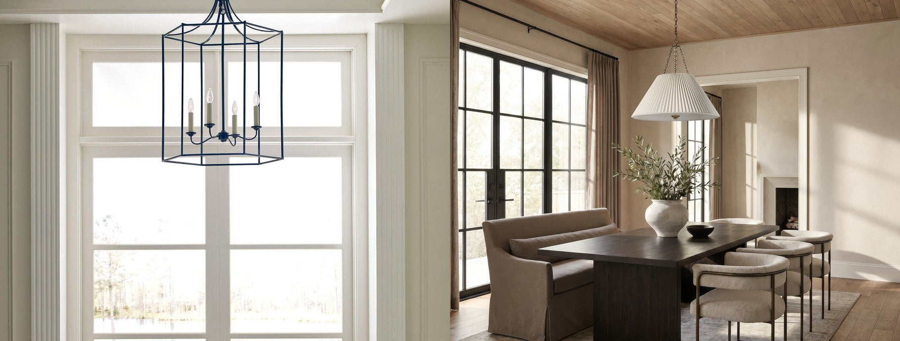 Transitional pendant lights in a bright foyer and over a dining table | Casa Di Luce