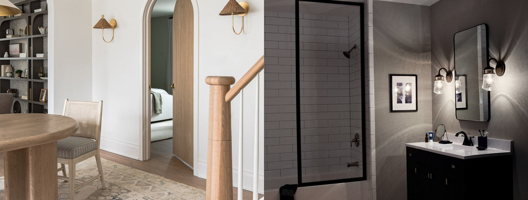 Transitional wall sconces beside a staircase and a bathroom mirror | Casa Di Luce