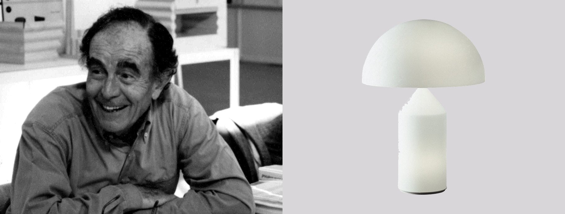 Designer Vico Magistretti beside the Atollo Glass Table Lamp | Casa Di Luce