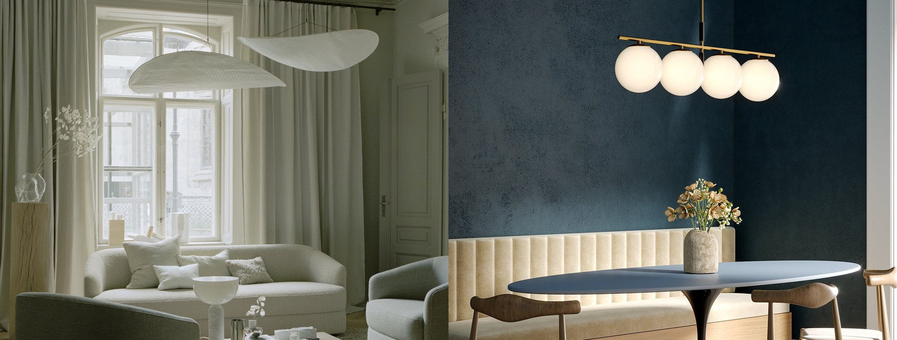 White pendant lights in a bright living room and over a dark dining table | Casa Di Luce