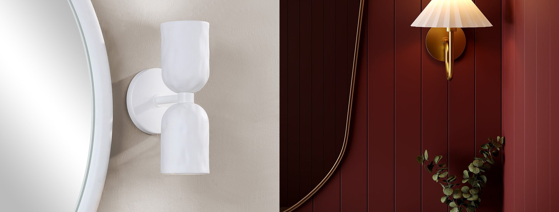 White wall sconces beside a round mirror and on a deep red wall | Casa Di Luce
