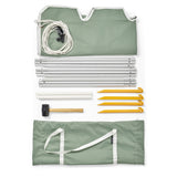 Flat-lay sage green beach tent kit with carry bag, aluminium poles, yellow pegs and mallet — Beach Tent by Basil Bangs